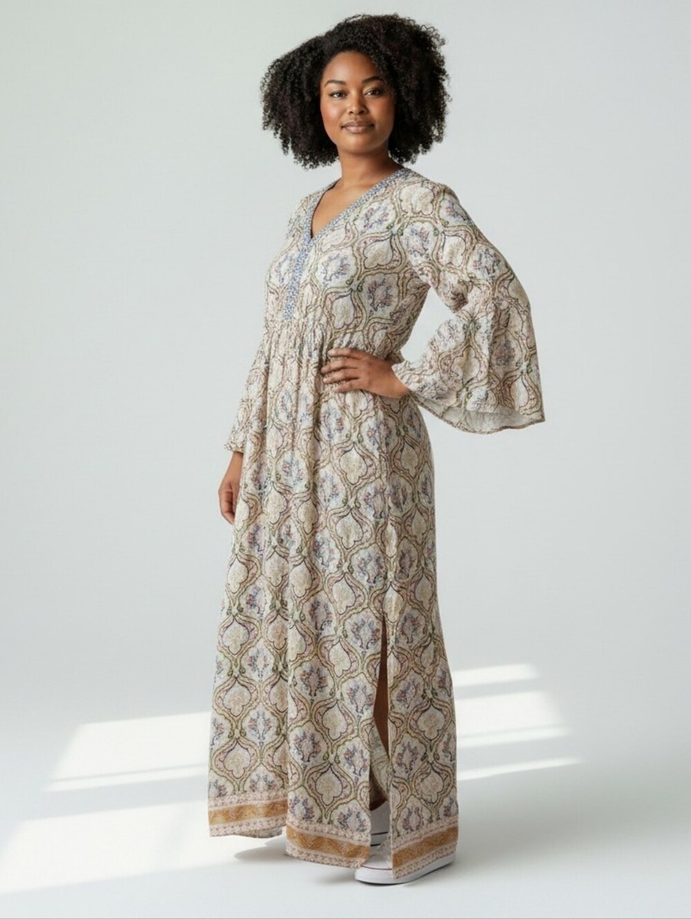 World Market Boho Maxi Dress L/XL Bell Sleeves Sude Slit Embellishes Neckline